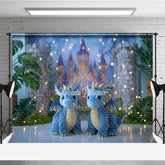 Aperturee - Aperturee Fairytale Dragons Cake Smash Photography Backdrop Cute Blue Dragons in Front of a Castle Magical Birthday Prop