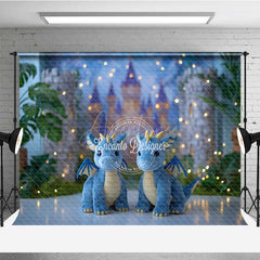 Aperturee - Aperturee Fairytale Dragons Cake Smash Photography Backdrop Cute Blue Dragons in Front of a Castle Magical Birthday Prop