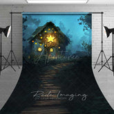 Aperturee Aperturee Fairytale Forest Cabin Sweep Photography Backdrop with Path Whimsical Cottage with Stars Enchanted Woods Night Prop