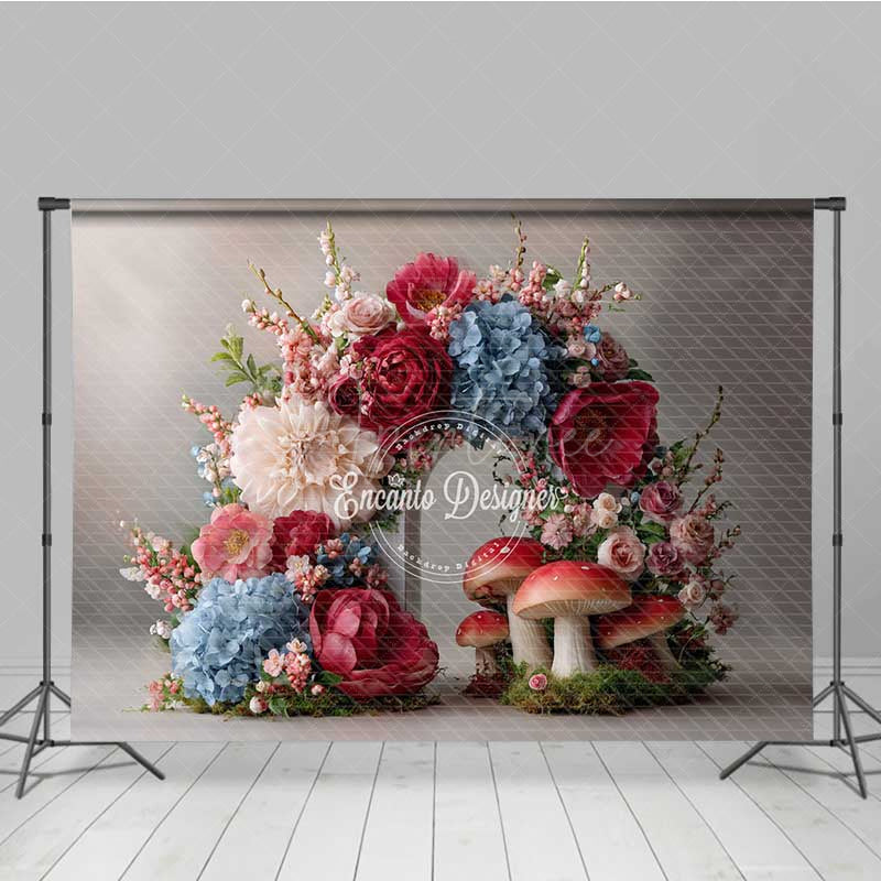 Aperturee - Aperturee Fairytale Mushroom and Floral Wreath Backdrop Enchanted Forest Wedding Whimsical Garden Party Photo Prop Decor