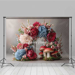 Aperturee - Aperturee Fairytale Mushroom and Floral Wreath Backdrop Enchanted Forest Wedding Whimsical Garden Party Photo Prop Decor