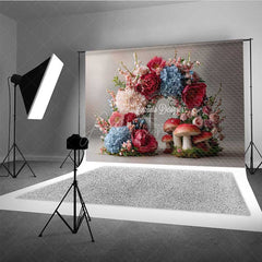 Aperturee - Aperturee Fairytale Mushroom and Floral Wreath Backdrop Enchanted Forest Wedding Whimsical Garden Party Photo Prop Decor
