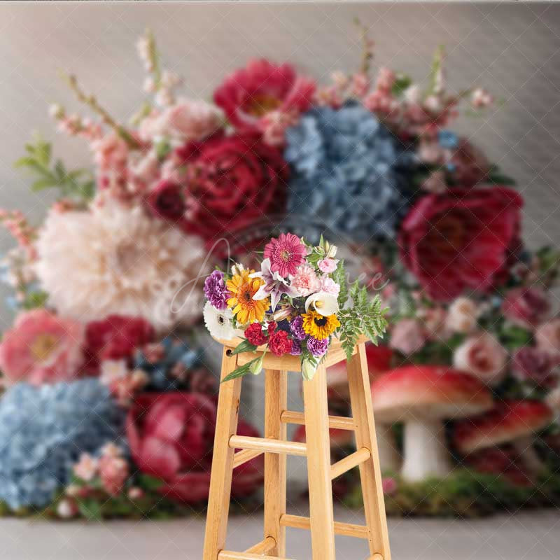 Aperturee - Aperturee Fairytale Mushroom and Floral Wreath Backdrop Enchanted Forest Wedding Whimsical Garden Party Photo Prop Decor