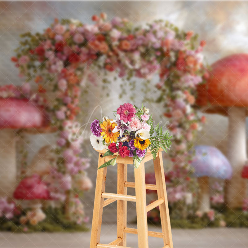 Aperturee - Aperturee Fairytale Mushroom Arch Photography Backdrop Enchanted Forest with Flowers Whimsical Wedding Photo Background