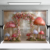 Aperturee - Aperturee Fairytale Mushroom Arch Photography Backdrop Enchanted Forest with Flowers Whimsical Wedding Photo Background