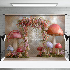Aperturee - Aperturee Fairytale Mushroom Arch Photography Backdrop Enchanted Forest with Flowers Whimsical Wedding Photo Background