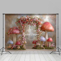Aperturee - Aperturee Fairytale Mushroom Arch Photography Backdrop Enchanted Forest with Flowers Whimsical Wedding Photo Background