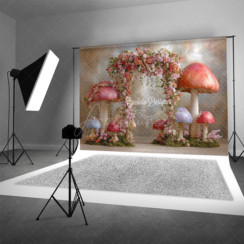 Aperturee - Aperturee Fairytale Mushroom Arch Photography Backdrop Enchanted Forest with Flowers Whimsical Wedding Photo Background