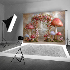 Aperturee - Aperturee Fairytale Mushroom Arch Photography Backdrop Enchanted Forest with Flowers Whimsical Wedding Photo Background