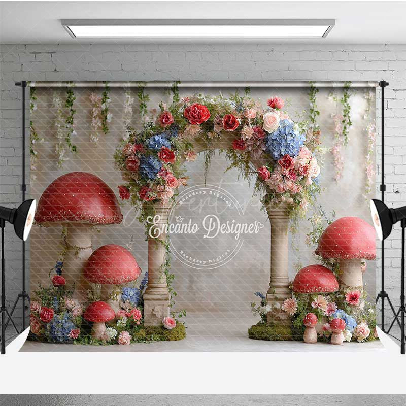 Aperturee - Aperturee Fairytale Mushroom Wedding Arch Backdrop Enchanted Forest with Flowers Whimsical Garden Ceremony Photo Prop