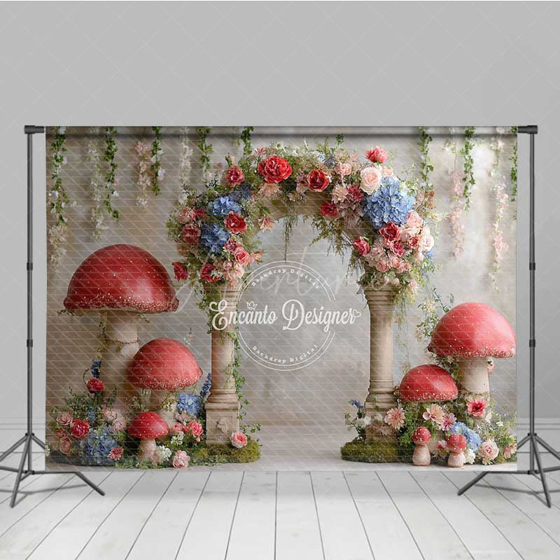 Aperturee - Aperturee Fairytale Mushroom Wedding Arch Backdrop Enchanted Forest with Flowers Whimsical Garden Ceremony Photo Prop