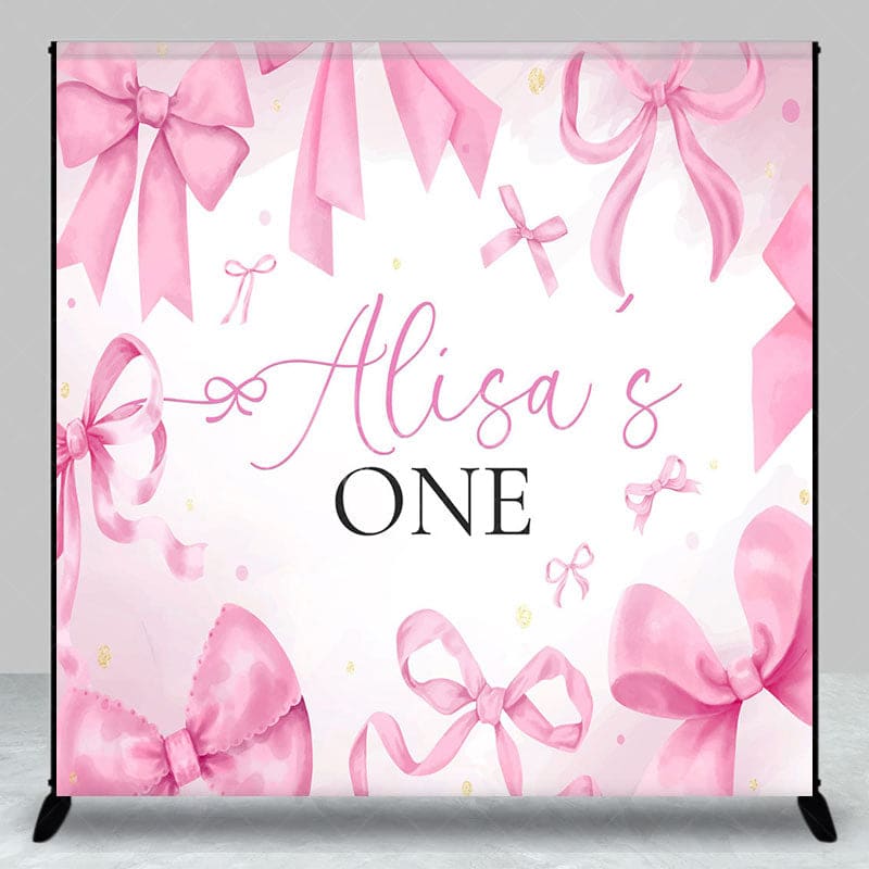 Aperturee - Aperturee Fairytale Pink Bow Custom Name One Birthday Backdrop