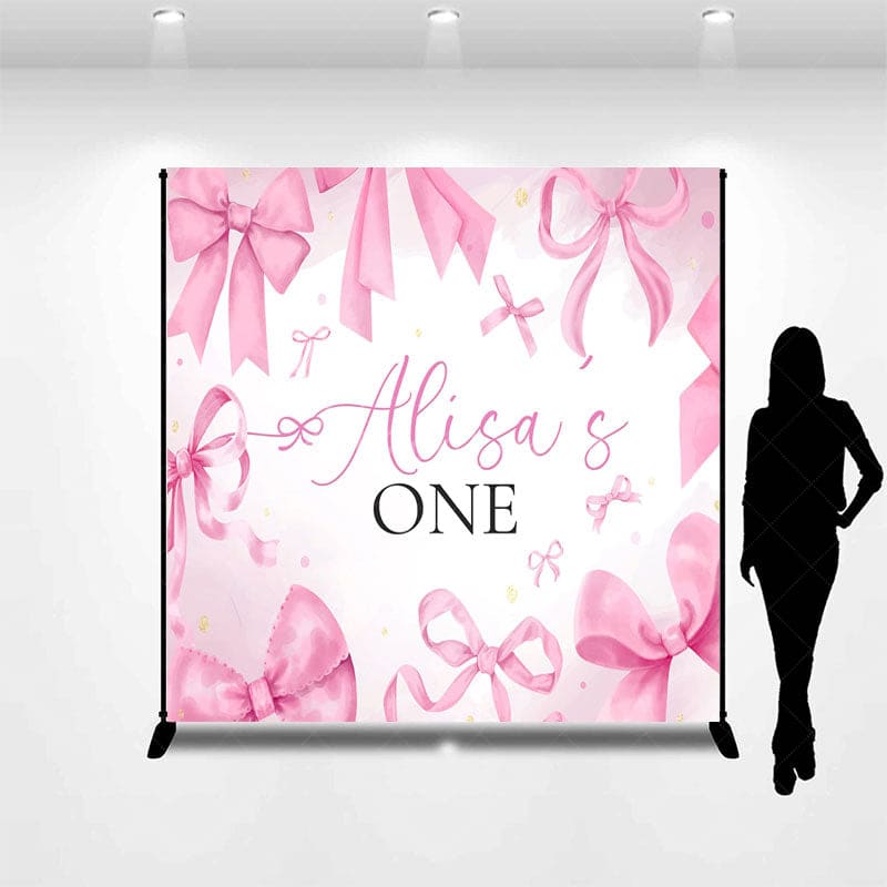 Aperturee - Aperturee Fairytale Pink Bow Custom Name One Birthday Backdrop