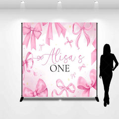 Aperturee - Aperturee Fairytale Pink Bow Custom Name One Birthday Backdrop