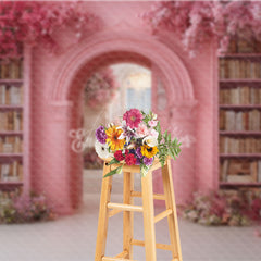 Aperturee - Aperturee Fairytale Pink Library Photography Backdrop with Floral Archway Bookshelves Romantic Wedding Photo Background