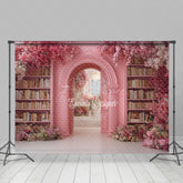 Aperturee - Aperturee Fairytale Pink Library Photography Backdrop with Floral Archway Bookshelves Romantic Wedding Photo Background