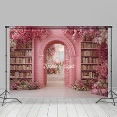 Aperturee - Aperturee Fairytale Pink Library Photography Backdrop with Floral Archway Bookshelves Romantic Wedding Photo Background
