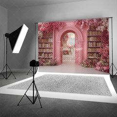 Aperturee - Aperturee Fairytale Pink Library Photography Backdrop with Floral Archway Bookshelves Romantic Wedding Photo Background