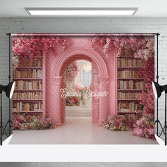 Aperturee - Aperturee Fairytale Pink Library Photography Backdrop with Floral Archway Bookshelves Romantic Wedding Photo Background