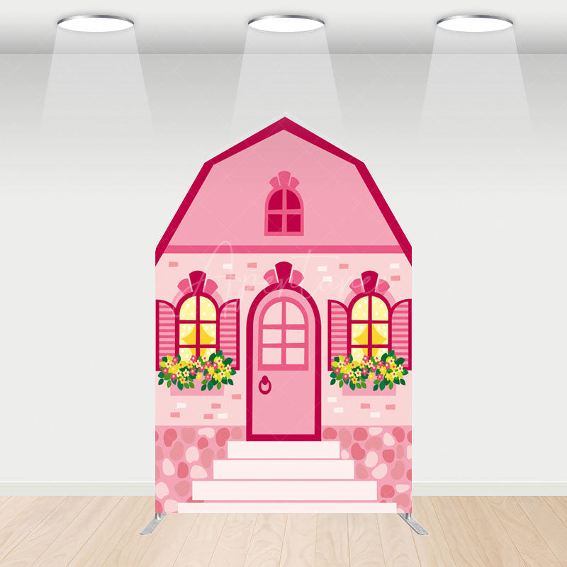 Aperturee - Aperturee Fairytale Pink Princess House Barn Door Arch Backdrop