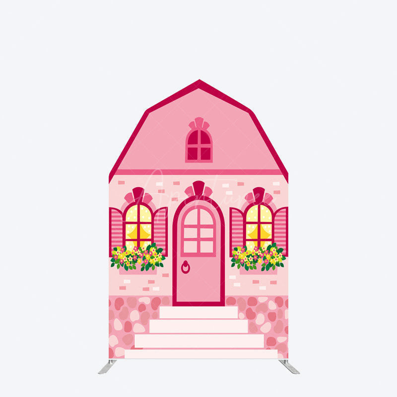 Aperturee - Aperturee Fairytale Pink Princess House Barn Door Arch Backdrop