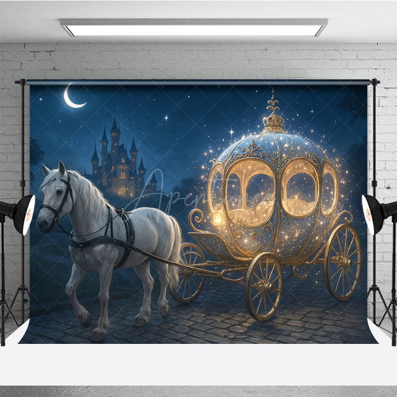 Aperturee - Aperturee Fairytale Princess Carriage with White Horse Photography Backdrop Magical Castle Cinderella Inspired Cake Smash
