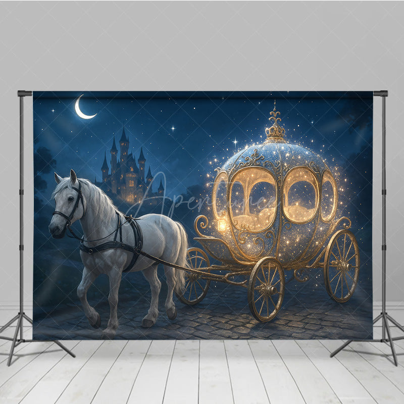 Aperturee - Aperturee Fairytale Princess Carriage with White Horse Photography Backdrop Magical Castle Cinderella Inspired Cake Smash