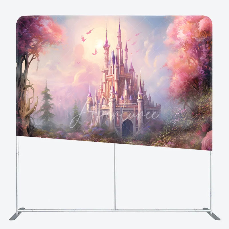 Aperturee - Aperturee Fairytale Princess Castle Double-Sided Tension Fabric Backdrop Magical Pink Forest Dreamy Party Photo Booth