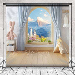 Aperturee Aperturee Fairytale Window Cake Smash Backdrop Kids Room with Castle View and Bunny Whimsical First Birthday Photo Prop