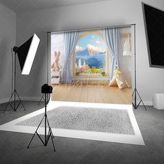 Aperturee Aperturee Fairytale Window Cake Smash Backdrop Kids Room with Castle View and Bunny Whimsical First Birthday Photo Prop