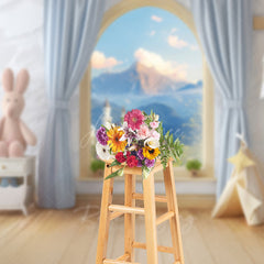 Aperturee Aperturee Fairytale Window Cake Smash Backdrop Kids Room with Castle View and Bunny Whimsical First Birthday Photo Prop