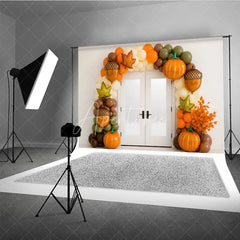 Aperturee - Aperturee Fall Balloon Arch Photography Backdrop White Door with Pumpkin and Acorn Balloons Modern Autumn Party Decor