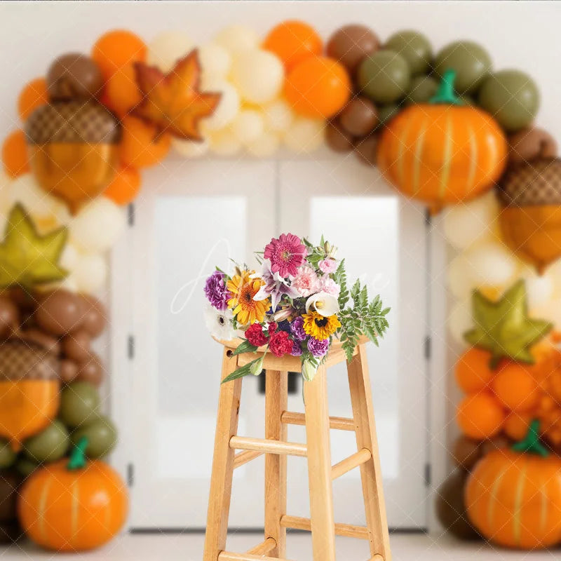 Aperturee - Aperturee Fall Balloon Arch Photography Backdrop White Door with Pumpkin and Acorn Balloons Modern Autumn Party Decor