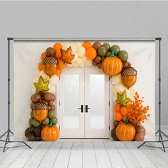 Aperturee - Aperturee Fall Balloon Arch Photography Backdrop White Door with Pumpkin and Acorn Balloons Modern Autumn Party Decor
