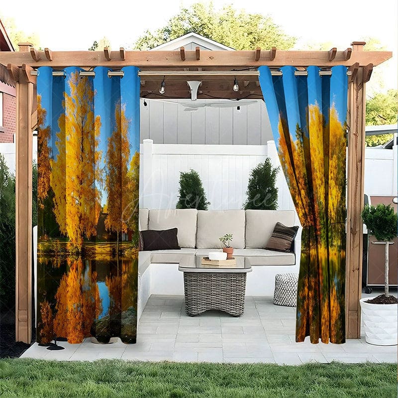 Aperturee - Aperturee Fall Forest Lake Waterproof Printed Outdoor Curtains