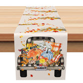 Aperturee - Aperturee Fall Harvest Pumpkin Truck Table Runner Vintage Red Truck with Autumn Leaves Rustic Thanksgiving Kitchen Decor