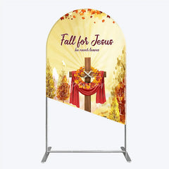 Aperturee - Aperturee Fall for Jesus Arch Backdrop for Christian Autumn Festival Cross with Pumpkins He Never Leaves Harvest Decor