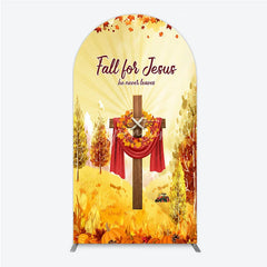 Aperturee - Aperturee Fall for Jesus Arch Backdrop for Christian Autumn Festival Cross with Pumpkins He Never Leaves Harvest Decor