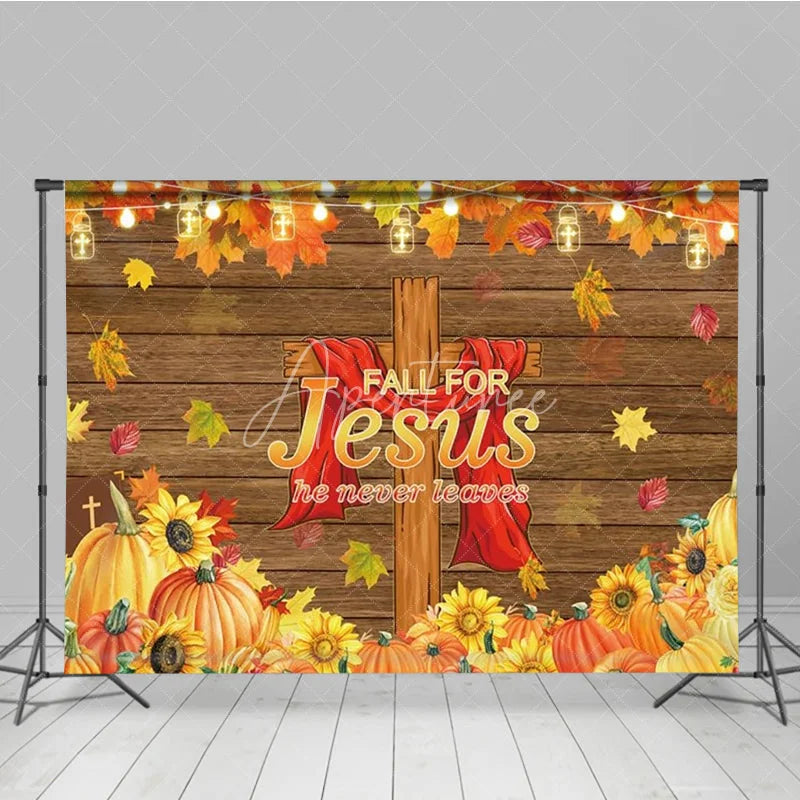 Aperturee - Aperturee Fall for Jesus Backdrop for Christian Thanksgiving Autumn Harvest with Cross He Never Leaves Party Decor