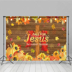 Aperturee - Aperturee Fall for Jesus Backdrop for Christian Thanksgiving Autumn Harvest with Cross He Never Leaves Party Decor