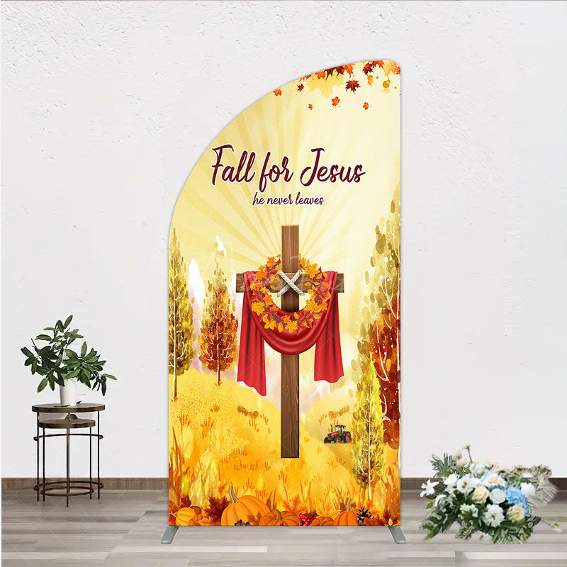 Aperturee - Aperturee Fall for Jesus Half Moon Arch Backdrop for Christian Autumn Festival Cross with Pumpkins He Never Leaves Harvest Decor