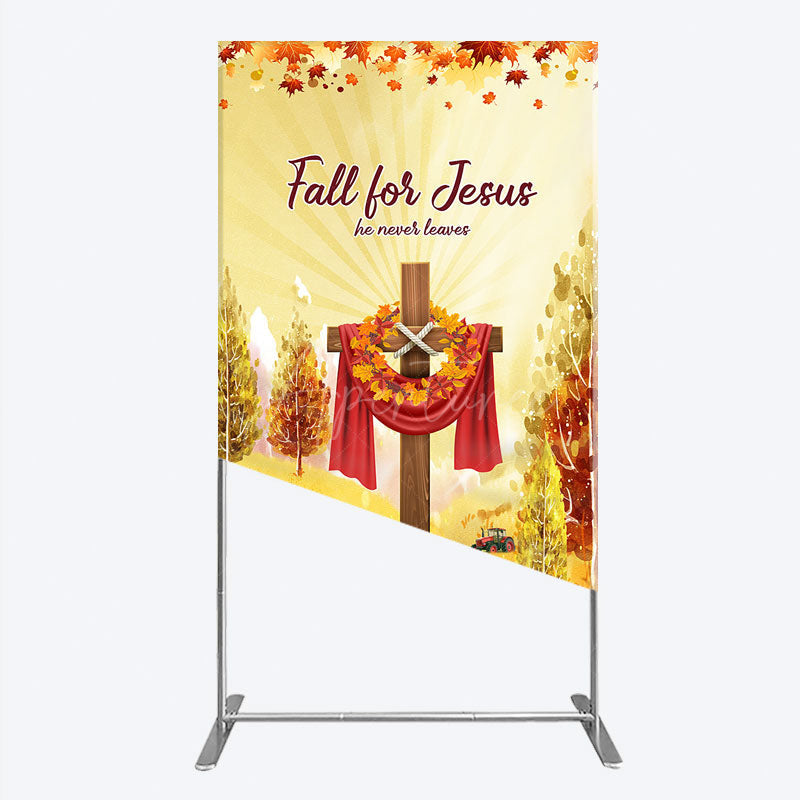 Aperturee - Aperturee Fall for Jesus Rectangle Backdrop for Christian Autumn Festival Cross with Pumpkins He Never Leaves Harvest Decor