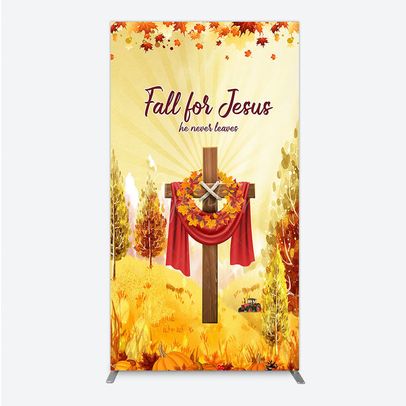 Aperturee - Aperturee Fall for Jesus Rectangle Backdrop for Christian Autumn Festival Cross with Pumpkins He Never Leaves Harvest Decor