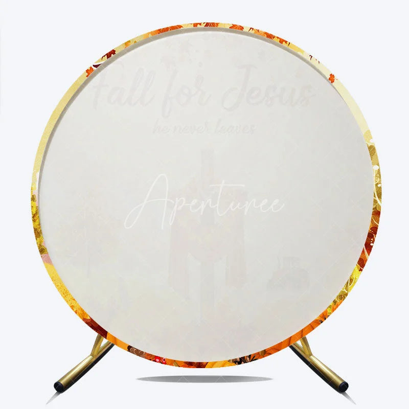 Aperturee - Aperturee Fall for Jesus Round Backdrop for Christian Autumn Festival Cross with Pumpkins He Never Leaves Harvest Decor