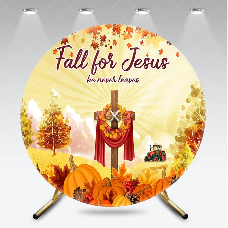 Aperturee - Aperturee Fall for Jesus Round Backdrop for Christian Autumn Festival Cross with Pumpkins He Never Leaves Harvest Decor