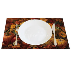 Aperturee - Aperturee Fall Maple Leaf Sunflower and Pumpkin Set of 4 Placemats for Autumn Harvest and Thanksgiving Decor