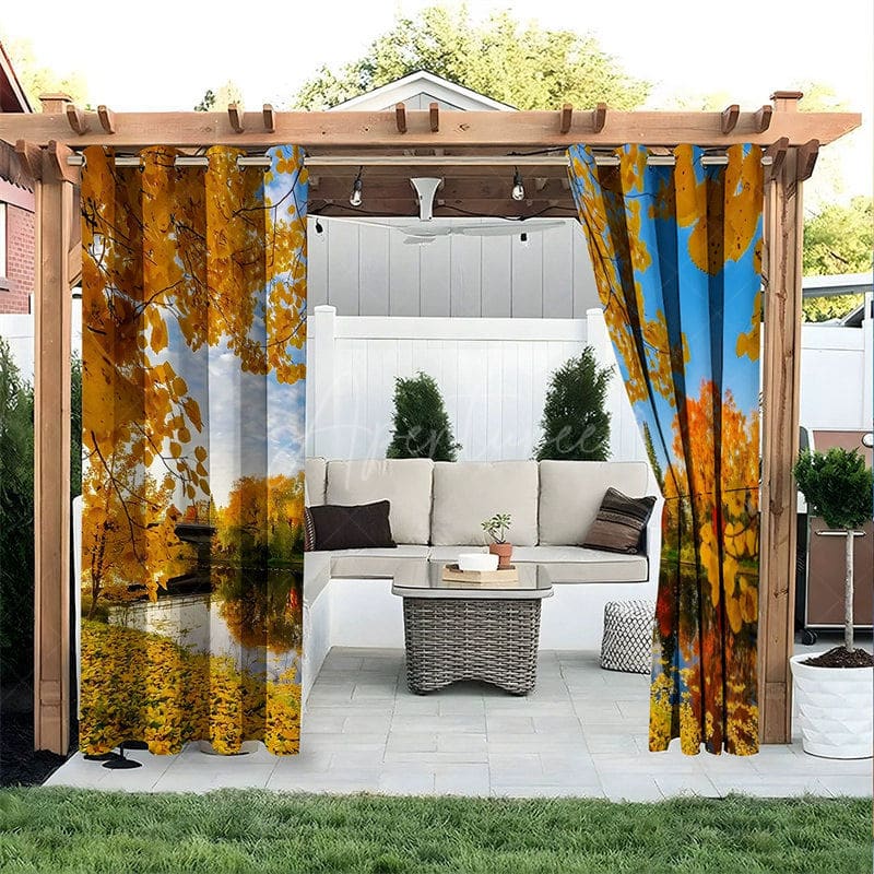 Aperturee - Aperturee Fall Park Sunset Waterproof Printed Outdoor Curtains