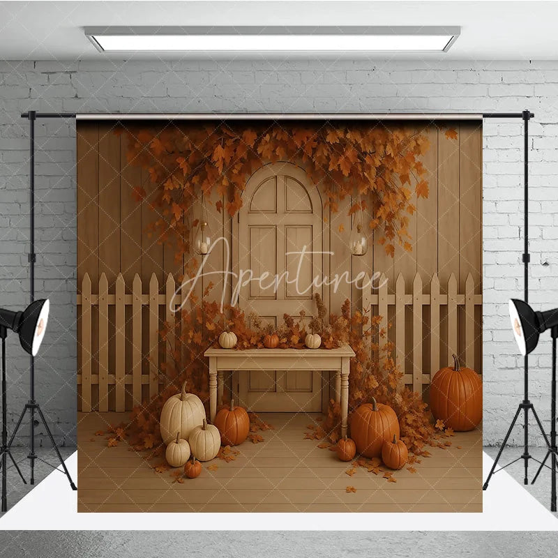 Aperturee - Aperturee Fall Pumpkin Patch Backdrop White Fence Rustic Door Maple Leaves Background Autumn Harvest Thanksgiving Party Prop