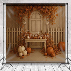 Aperturee - Aperturee Fall Pumpkin Patch Backdrop White Fence Rustic Door Maple Leaves Background Autumn Harvest Thanksgiving Party Prop