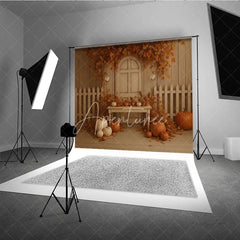 Aperturee - Aperturee Fall Pumpkin Patch Backdrop White Fence Rustic Door Maple Leaves Background Autumn Harvest Thanksgiving Party Prop